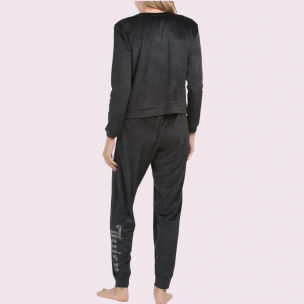Juicy Couture Sleepwear Velour Rhinestone Long Sleeve & Pants Set in Black